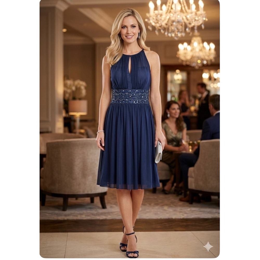 La Nouvelle Renaissance Navy Blue Beaded Waist Pleated Chiffon Cocktail Dress 12